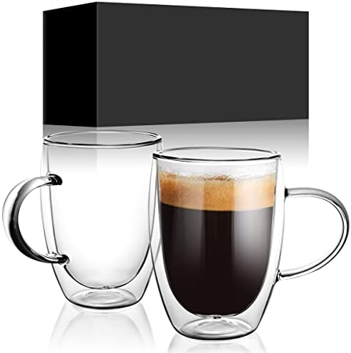 MewVeer Dupla Fal Szemüveg Bögre fogantyúval [2-Pack,12oz]-Átlátszó Szigetelt Csésze Kávé-Tökéletes Cappuccino, tejes kávé,