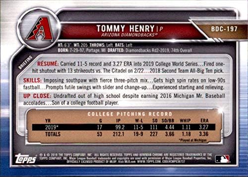 2019 Bowman Chrome-Tervezet BDC-197 Tommy Henry RC Kezdő Arizona Diamondbacks MLB Baseball Trading Card