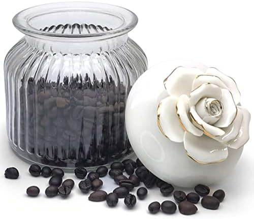 HomeyHoney Dekoratív Üveg, Üveg Fedővel, Kézzel készített Fehér Porcelán Rózsa Virág Fedél, Átlátszó Üveg Díszítő Candy Üveget