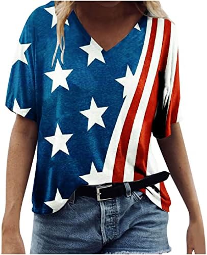 Amerikai Zászlós póló Női Függetlenség Napja Maximum Nyári Rövid Ujjú, V Nyakú Ing, Alkalmi Divatos Laza Póló Blúz