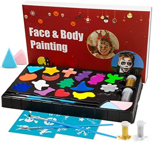 MooMoo Baba arcfestő Készlet Gyerekeknek 17 Nagy Szakmai Festék, Halloween, 16 Stencil Test Festékek Meghatározott smink Paletta