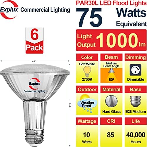 Explux Kereskedelmi Minőségű PAR30 LED-es Árvíz Villanykörte, 75W Egyenértékű, 40000 Óra, Szabályozható, Teljes Üveg Vízálló & Anti-Ageing,