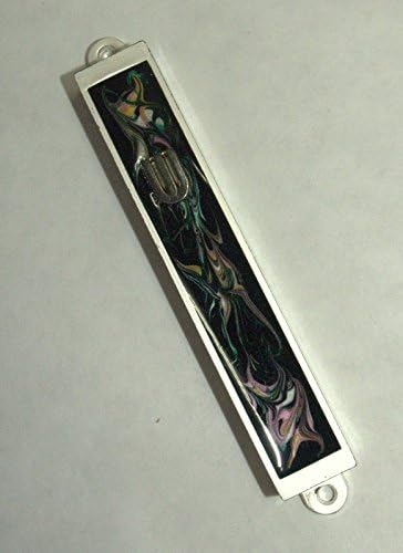 Judaica Mezuzah Esetben Fekete, Rózsaszín, Színes Dekoratív Fényvisszaverő Csík Ezüst SHIN 7cm