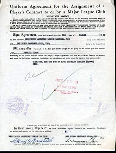 CLARK GRIFFITH SZÖVETSÉG Loa Autogramot 1950 Szerződés Kézzel Aláírt Hiteles