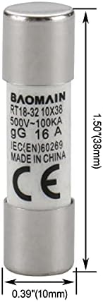 Baomain Biztosíték Link RT18-32 (RO15 RT14 RT19) 16A Henger alakú Kerámia Cső 10x38mm 500V CE TüV felsorolt Csomag 10