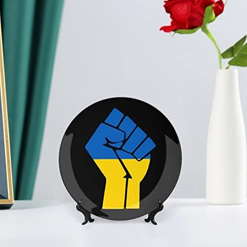 Ukrajna Ököl Zászló Ellenállni porcelán Díszítő Tányér Kerek Kerámia lapok Kézműves Display Állvány Home Office Fal Vacsora Dekoráció