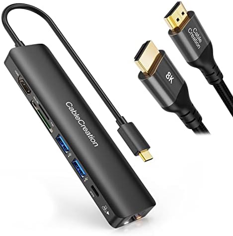 USB-C-Hub-4K-60Hz, CableCreation 7 az 1-ben USB-C Hub Többportos Adapter Csomag with8K 48Gbps Ultra High Speed HDMI Kábel 3.3
