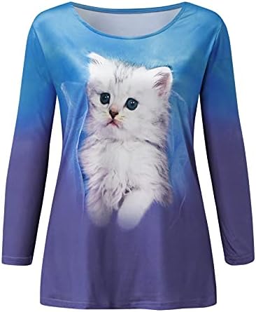 Női Aranyos Macska Nyomtatott Grafikai Sleeve Póló Hosszú Ujjú Pullovers Alkalmi Tunika Újszerű T-Shirt Póló Maximum Blúz