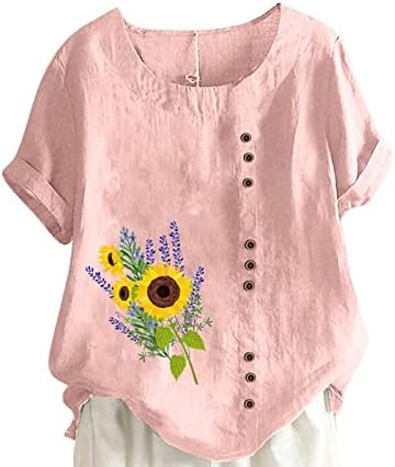 Nyári Női Pamut Ágynemű Tshirts Felső Divatos Virágmintás Alkalmi Laza Fit Tunika Póló Lady Plus Size Gombot Blúzok