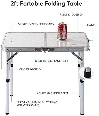 Összecsukható Asztal Kicsi, 24L x16W Tábor Alumínium Asztal, Állítható Magasságú Lábak, Beltéri, Kültéri, Könnyű, Hordozható,