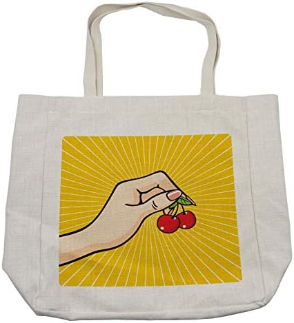 Ambesonne Gyümölcs Bevásárló Táska, Retro Pop Art Kezében egy Pár Cseresznye Vázlat Design Sárga Háttér, Környezetbarát, Újrafelhasználható