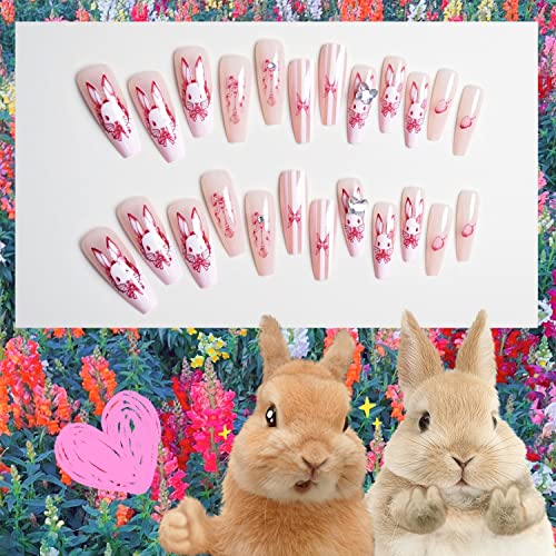 Aranyos Hamis Köröm Minták Aranyos Barokk Nyúl Ragasztó Körmök Y2K Nyomja meg a Körmöt Közepes Hosszúságú francia Tipp Teljes Cover Pink