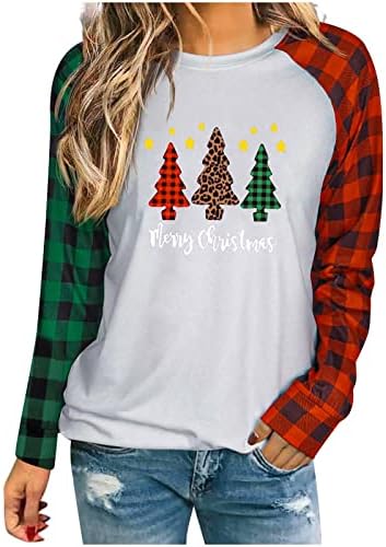 Pulóver Női Karácsonyi Buffalo Kockás T-Shirt karácsonyfa Színes Blokk Póló Blúz Rénszarvas Printed Hosszú Ujjú Felsők