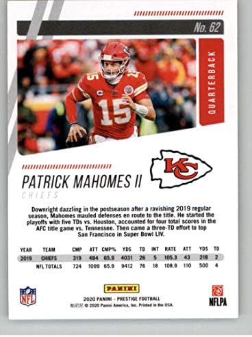 2020 Prestige NFL 62 Patrick Mahomes II. Kansas City Chiefs Hivatalos Panini Labdarúgó-Trading Card