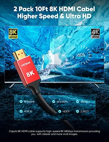 Capshi 2 Csomag 8K HDMI Kábel 10 ft, 48Gbps nagysebességű 8K HDMI Kábel 2.1 Fonott HDMI Kábel 4K@120Hz 8K@60Hz, DTS:X, HDCP 2.2