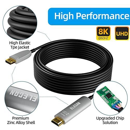 Elecan 8K Optikai Displayport-HDMI Kábel 50 Ft, 8K@60Hz 4K@120Hz, Cink Ötvözet Shell-Aktív Optikai DP Display Port 1.4-HDMI 2.1 Uni-Directional