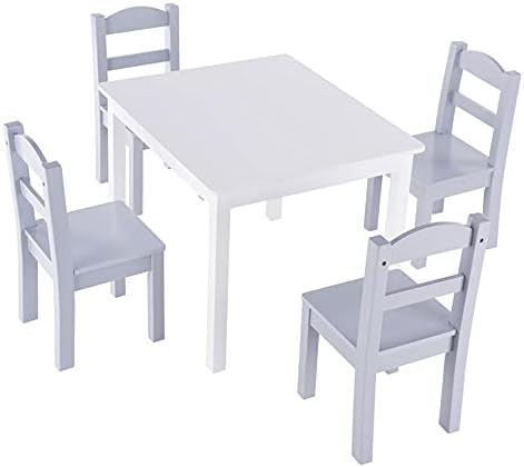 BFCGDXT Gyerekek Fából készült Asztal 4 Szék Szett,Asztal, 3-7 Év，Ideális Arts and Crafts, Uzsonna, Otthon, Iskola, Házi（ Fehér