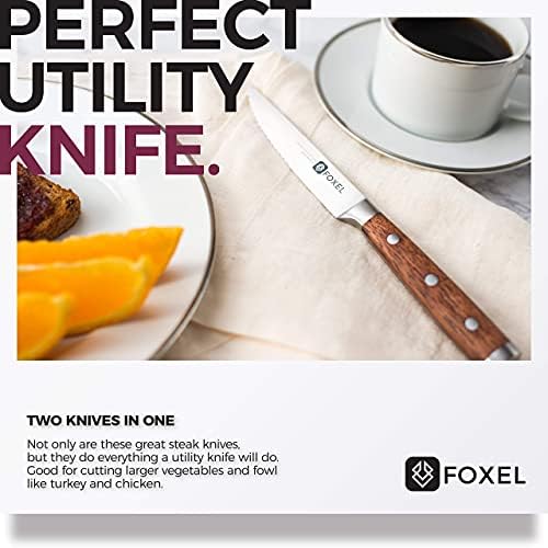 FOXEL Steak-Kés Kés Készlet 4, 8, vagy 12 - Nem Fogazott Egyenes élű Penge m/Súlyozott Teljes Tang Szandál Fa Fogantyú - Japán