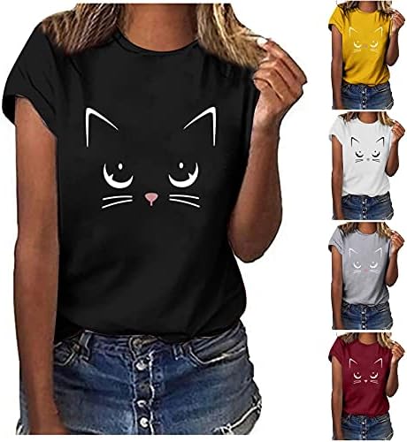 Macska Nyomtatott Pólók Női Rövid Ujjú Felsők Alkalmi Sleeve Póló Tunika Edzés Nyári Pólók Junior Blúz