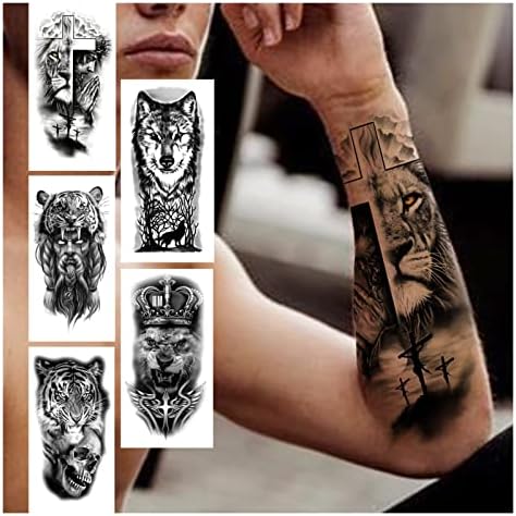 HIFASI Ideiglenes Tetoválás 6 Darab Kereszt Oroszlán Ideiglenes Tetoválás a Nők a Férfiak Felnőtt Koponya Tigris, Farkas-Erdő Tetoválás