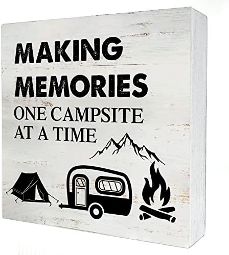 Emlékeket Egy Kemping Kemping fadoboz Jel Mondások Asztal Dekoráció 5 x 5 Hüvelyk LAKÓKOCSI Lakóautó Utazási Pótkocsi Mezőbe írja Alá a