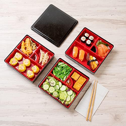 Bento Tek Négyzet alakú Fekete, Piros Japán Stílusú Bento Box - 4 Rekesz, 3 Rétegben - 8 1/4 x 8 1/4 x 6 - 1 gróf doboz