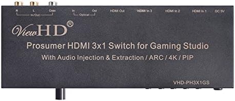 ViewHD Prosumer HDMI 3x1 Kapcsoló | 4K@30Hz HDMI v1.4 | MIC, Audio Injekció / Combiner | HDMI Audio Extractor | Optikai / Koax / RCA L/R-HDMI