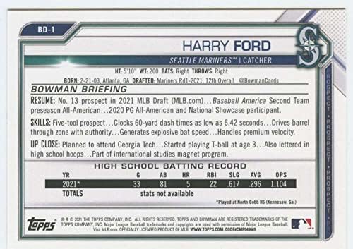 2021 Bowman Tervezet BD-1 Harry Ford RC Újonc Seattle Mariners MLB Baseball Trading Card