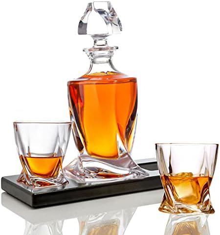 Bezrat Whiskys Poharat, Italos Üveget set | (2) Crystal Bourbon Szemüveg Megfelelő Whiskys Üveget a gyönyörű fa tálca | Üveg