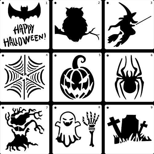 LLGLTEC 9 Db Halloween Stencil Sablon DIY Halloween Minták, 7.9x7.9 Extra Nagy Újrahasználható Műanyag Kézműves Festés, Fa -, Papír