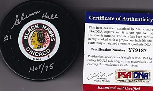 A Psa/dns-Glenn Hall 1 hof 75 Aláírt Chicago Blackhawks Engedélyezett Logó Korong 9187 - Dedikált NHL Korong