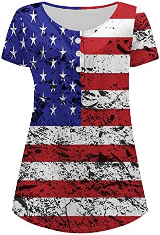 Amerikai Zászló Nyomtatott Maximum a Nők Kerek Nyak Elrejteni Hasa Tunika Gombot Rakott Rövid Ujjú Flowy Henley Tshirt Tunika